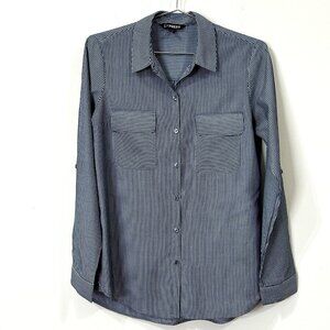 EXPRESS Blue Pinstripe Button Up Shirt Small Petite 3/4 Sleeve Tabs Tunic